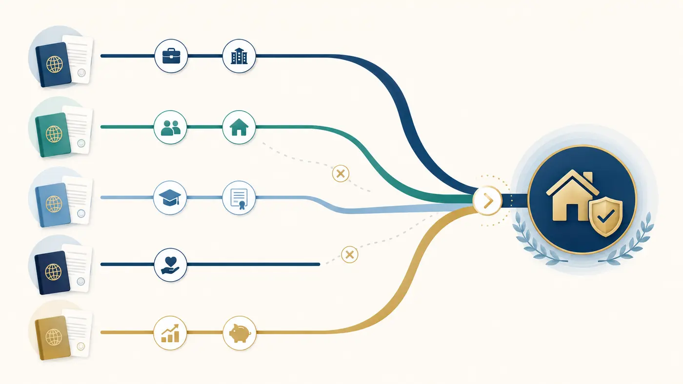 Diagram of permitted and excluded visa-route combinations leading to ILR